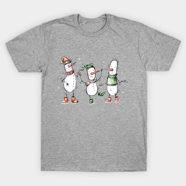 Three Cartoon Snowmen T-Shirt by susannefloe